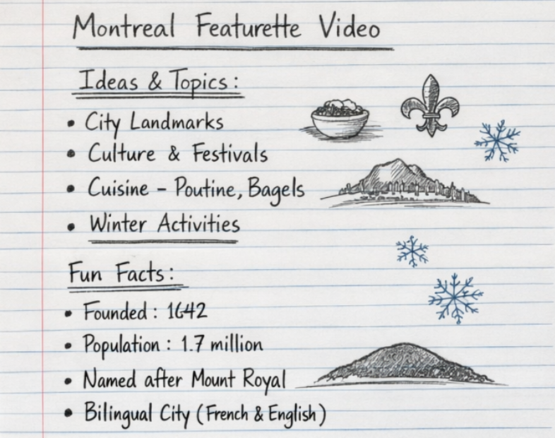 Montreal featurette ideas and topics research chart